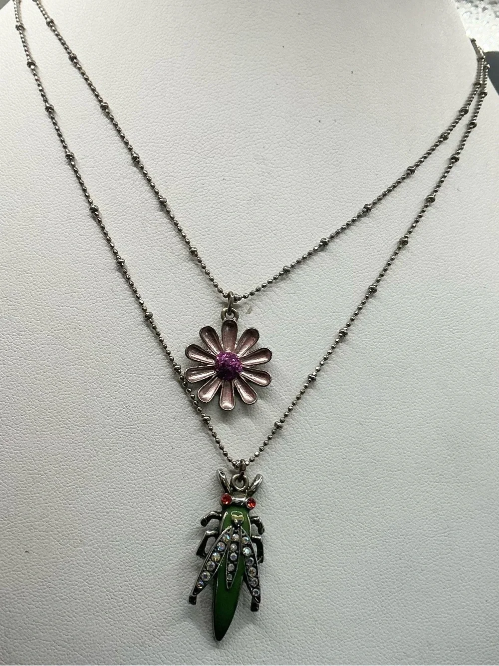 VINTAGE BETSEY JOHNSON ENAMEL DAISY AND BEETLE BUG DOUBLE STRAND NECKLACE